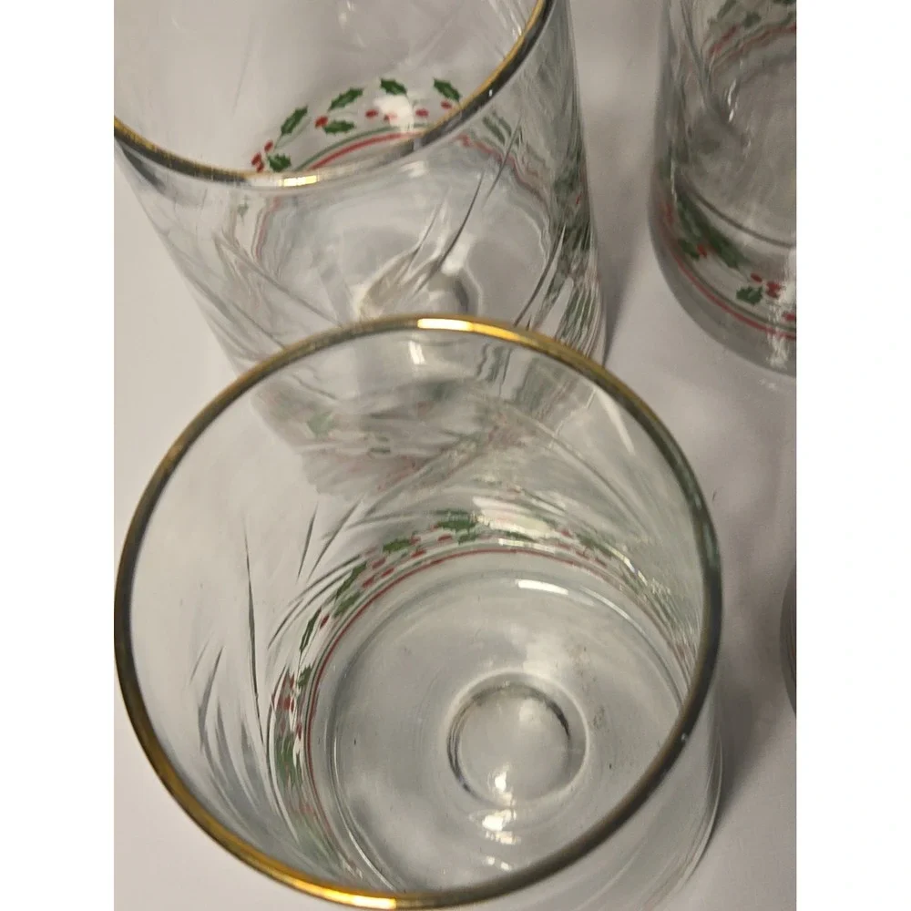 Vtg Glass HOLLY BERRY Christmas Drinking Glasses Tumblers Set of 4